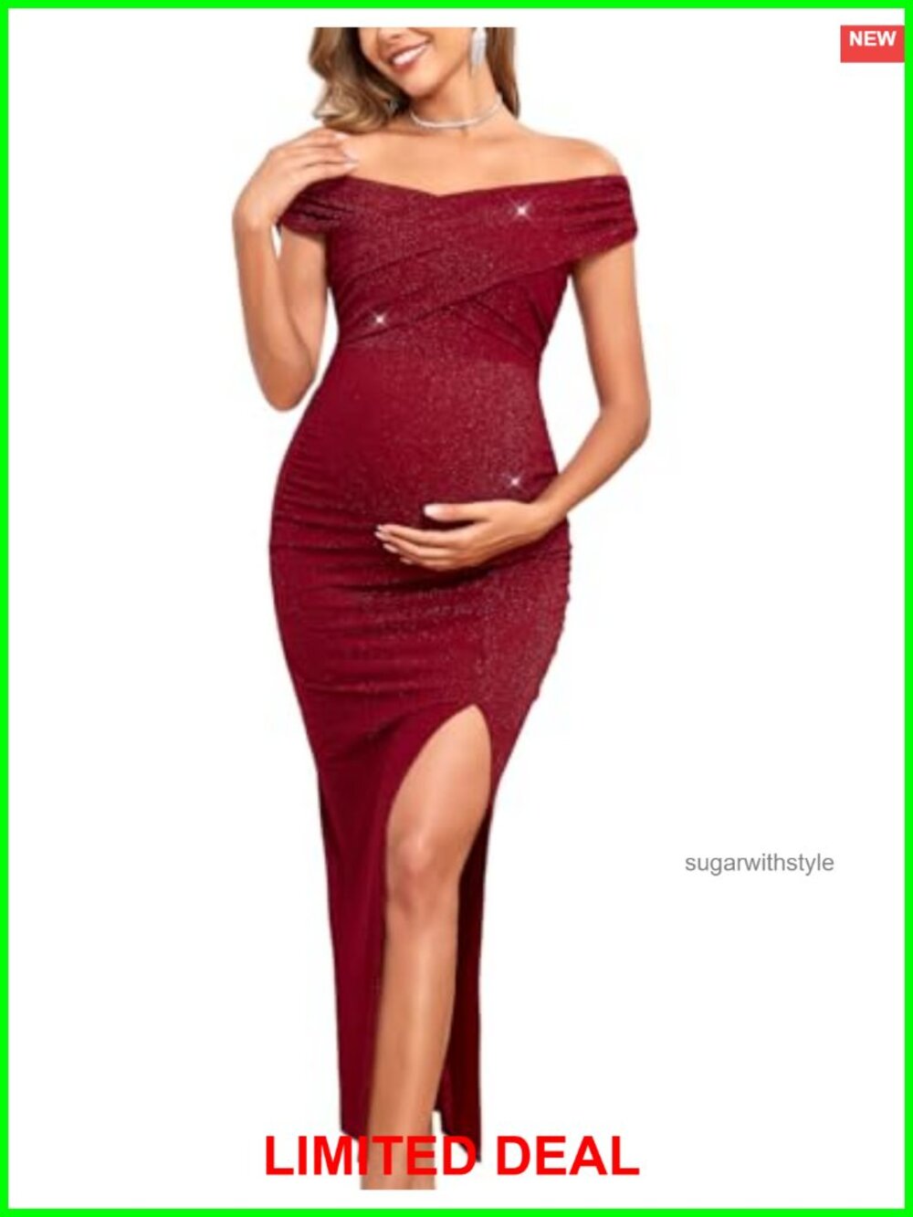 Off Shoulder Sparkly Maternity Dress High Slit Bodycon Gown